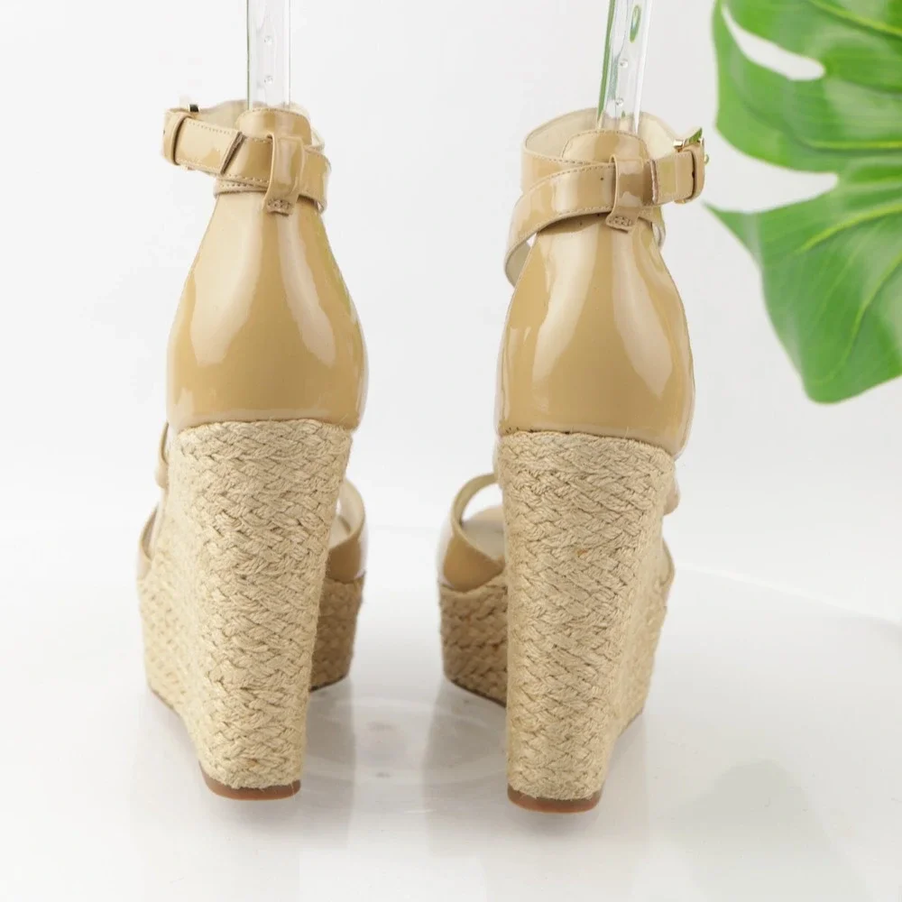 Michael Kors Womens Gabriella Sandal Size 8.5 Tan Patent Espadrille Wedge Shoes